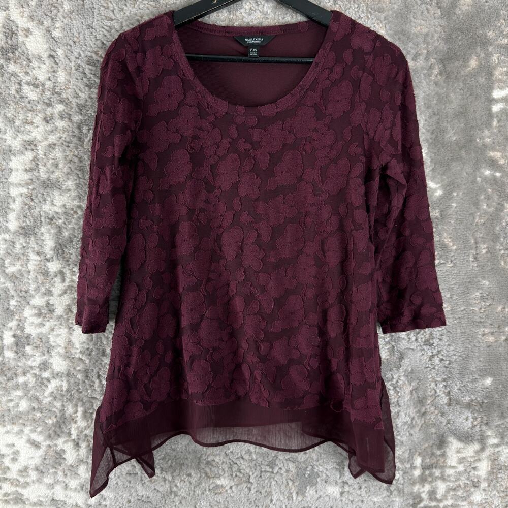 Simply Vera Wang Petite Size PXS Floral Lace Casual Top Purple 3/4 Sleeve